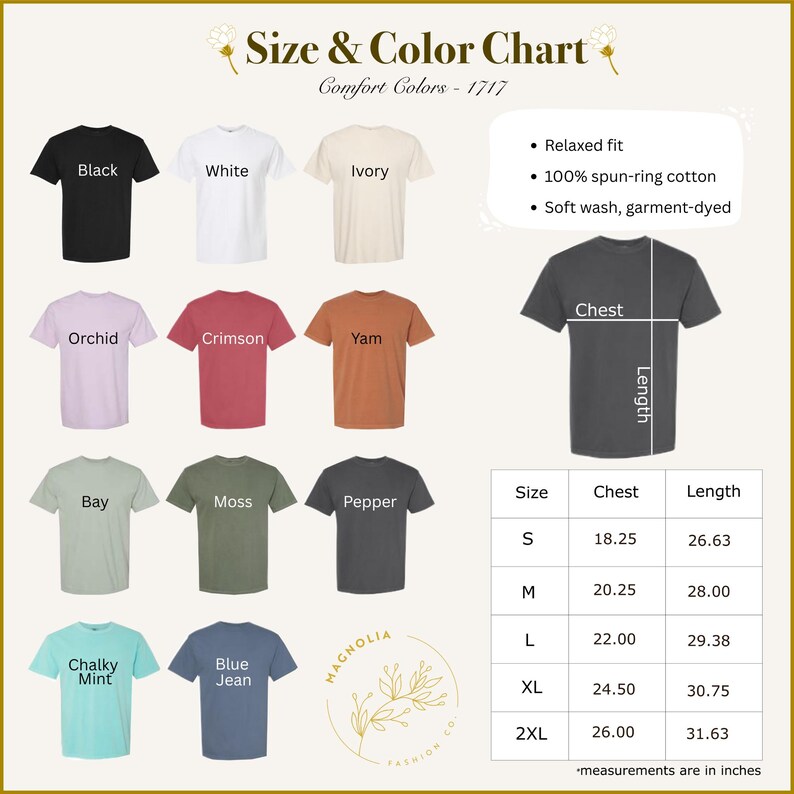 the size and color chart for a t - shirt
