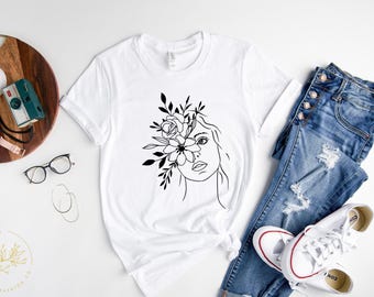 Boho Modern Shirt, Feminist Tee, Abstract Design One Line Art Tee, Woman Outline T Shirt, Girls Line Drawing Tee, Floral Women Art T-Shirt
