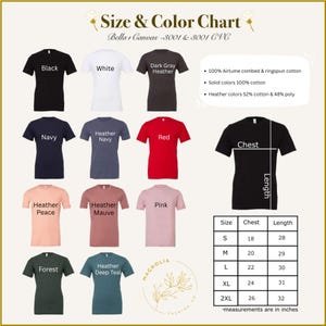 The image is a size and color chart for a collection of t-shirts, featuring various colors and sizes.