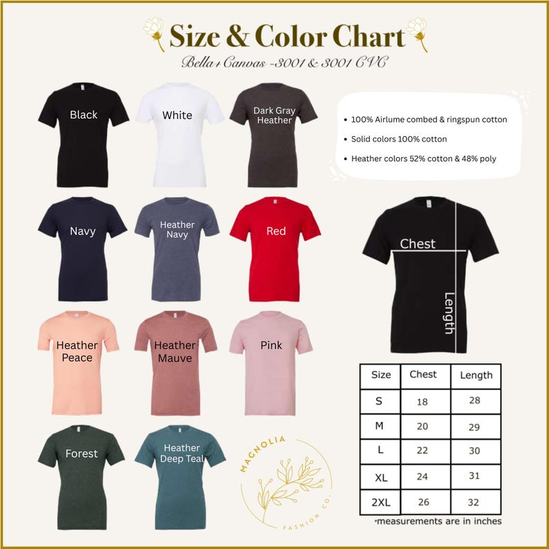 The image is a size and color chart for a collection of t-shirts, featuring various colors and sizes.