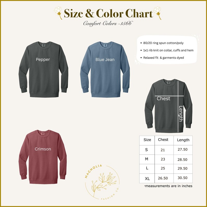 The image is a size and color chart that provides information about the sizes and colors of three different sweatshirts. The chart includes a color chart with various colors and sizes, and a chest measurement chart that provides the corresponding measurements in inches.