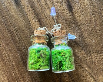 Miniature Glass Bottle Earrings - Moss Terrarium Dangle Earrings - Real Moss