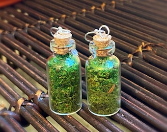 Miniature Glass Bottle Earrings - Filled with Real Moss - Sealed with Cork - Dangle Earrings