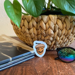 May include: A sticker featuring a smiling acorn with a brown cap and a light brown body. The sticker is placed on a wooden surface next to a stack of vinyl records, a woven basket, and sunglasses.