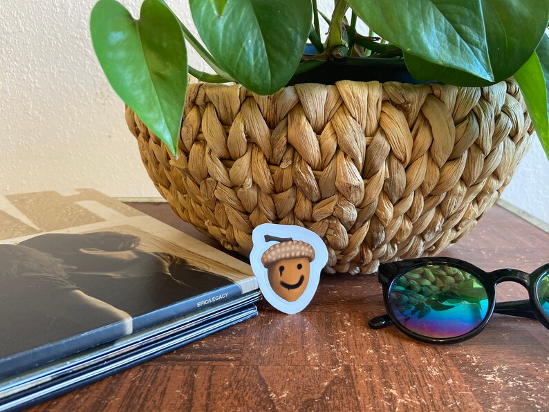 May include: A sticker featuring a smiling acorn with a brown cap and a light brown body. The sticker is placed on a wooden surface next to a stack of vinyl records, a woven basket, and sunglasses.