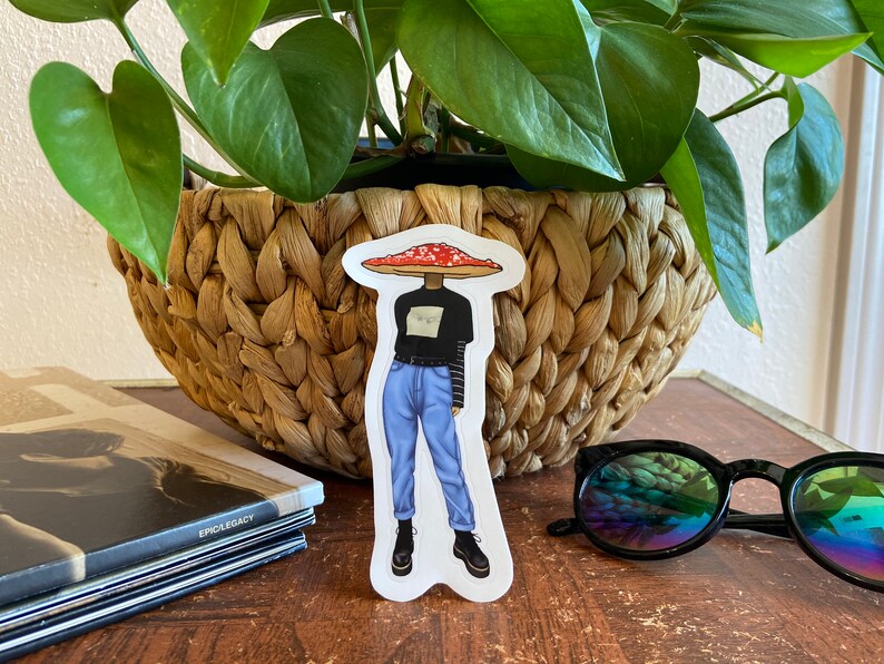 Indie Skater Themed Woodland Creature Sticker Pack - Mushrooms, Frogs, Snails - Stickers for Skateboards, Laptops, etc. Mushroom w/ Jeans