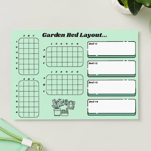 Op de afbeelding: Een lichtgroen tuinplannerblad met de tekst Garden Bed Layout. Het bevat verticale en horizontale rasterdiagrammen met letters en cijfers, vier lege rechthoekige secties gelabeld Bed 1 tot en met Bed 4, en een klein icoon van een plant.