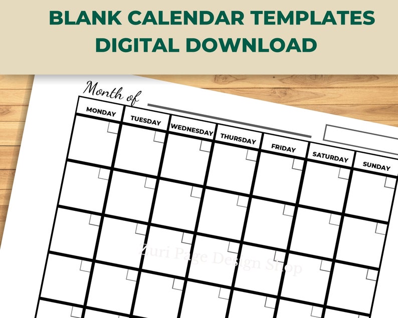 Blank Calendar Template- Digital Download - Etsy