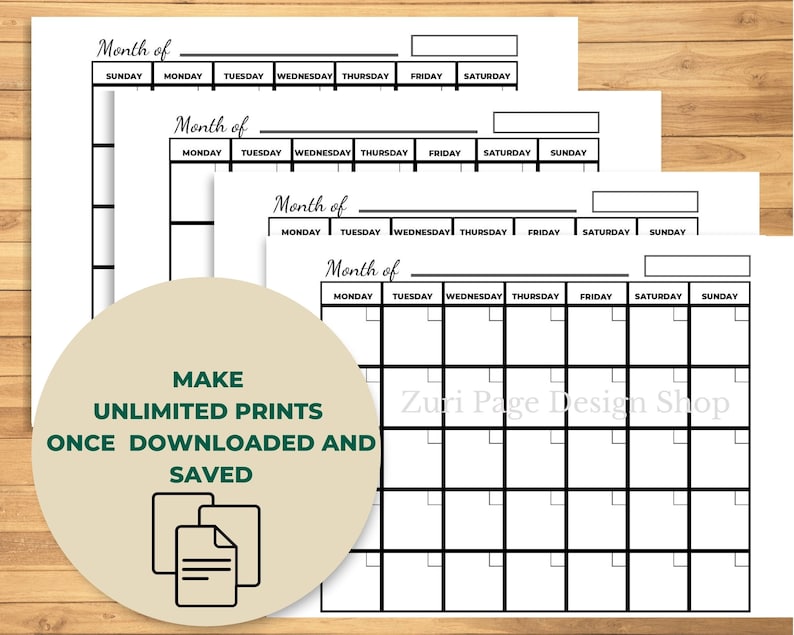 Blank Calendar Template- Digital Download - Etsy