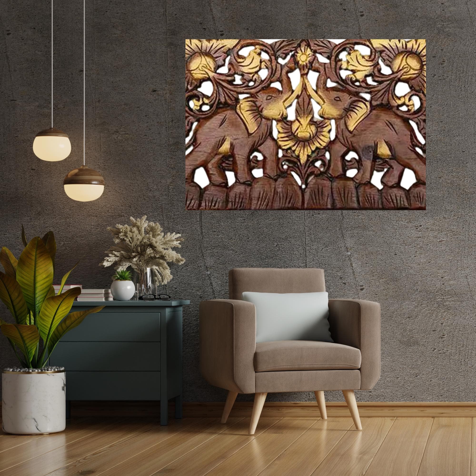 Tableau Mural Sculpture éléphants En Teck Bois Naturel - Déco Asiatique Relief - Thaïlande
