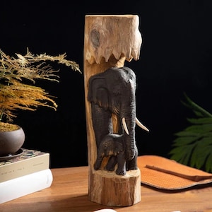 Handcrafted Teak Wood Elephant Statue: Mother & Baby Figurine