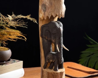 Handgefertigte Teak Holz Elefanten Statue: Mutter & Baby Figur
