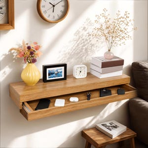Puede incluir: Un estante flotante de madera de color marrón claro con un cajón extraíble integrado. La superficie del estante sostiene un jarrón amarillo con flores secas, un marco de fotos negro, un reloj cuadrado blanco y tres libros apilados con un jarrón.