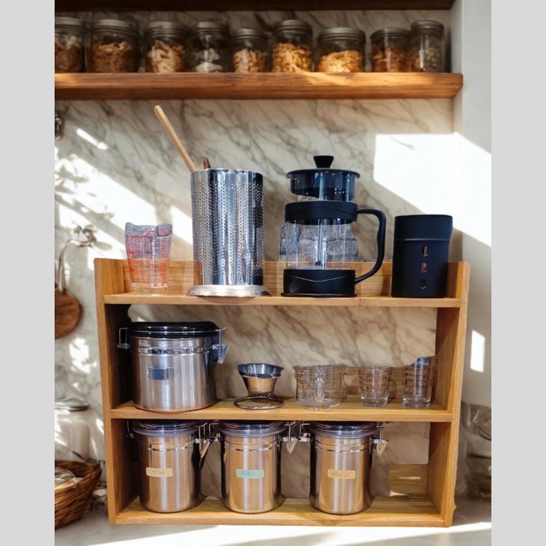 Op de afbeelding: Houten schap met koffie- en theeaccessoires. Inclusief een glazen cafeti&egrave;re, roestvrijstalen containers, heldere glazen kopjes en een zwarte mok. Potten met etenswaren staan op de bovenste plank.
