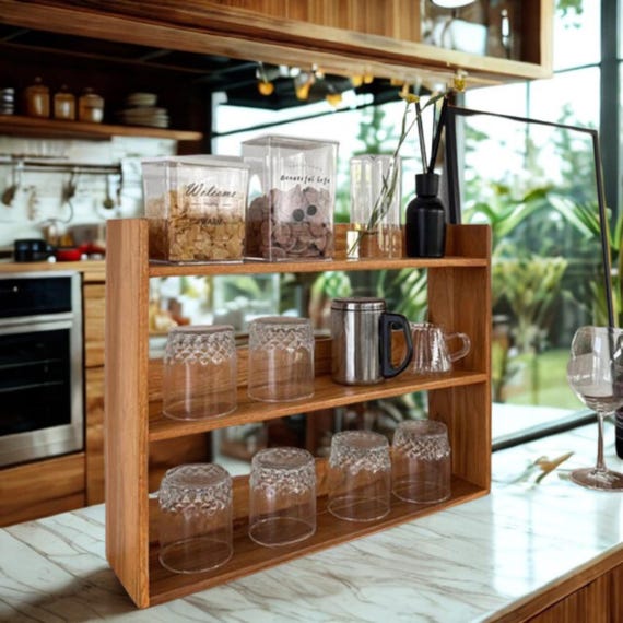 Handmade Solid Teak Wood Shelf – 3 Tier Rustic Kitchen Organizer for Cups, Coffee & Spices