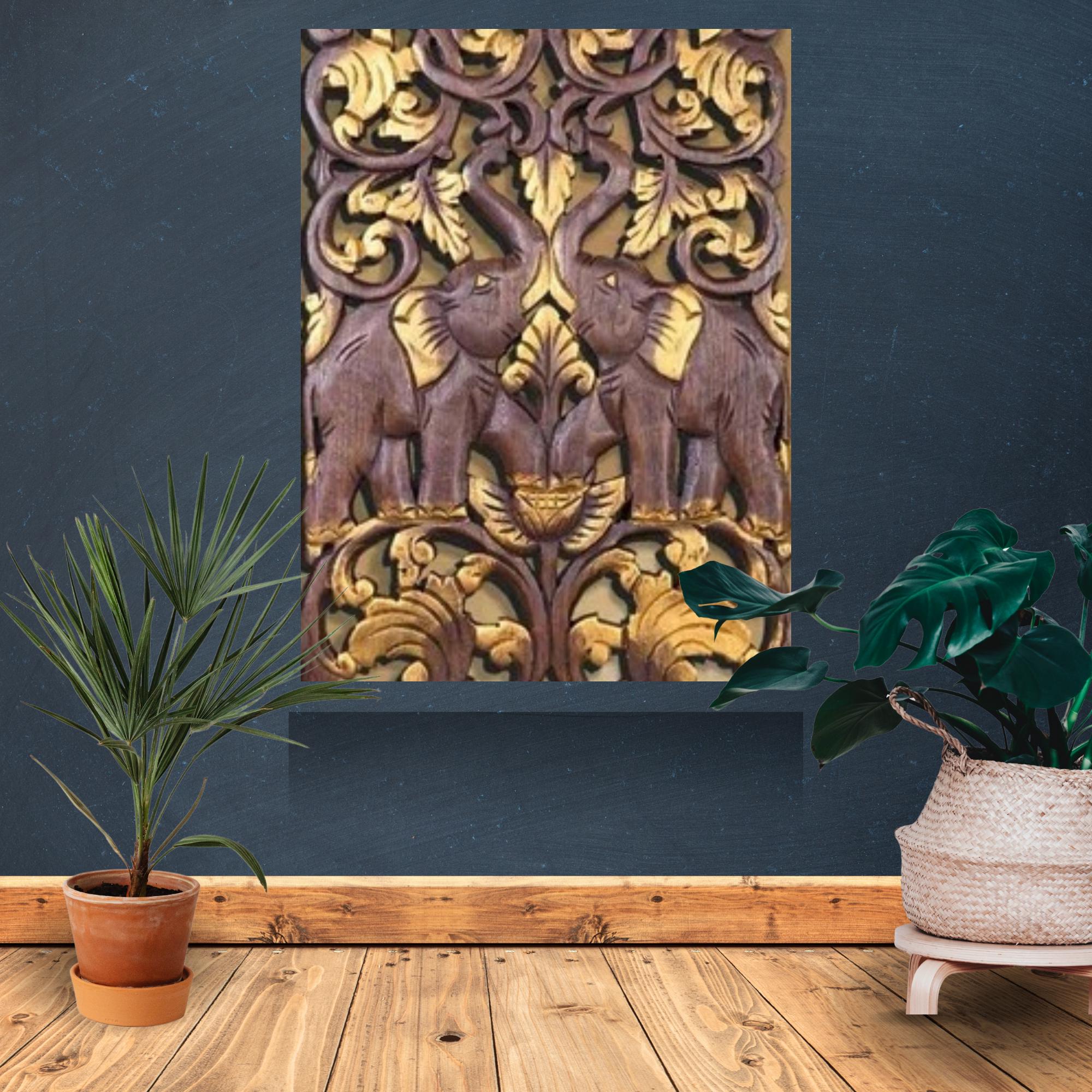 Tableau Mural éléphants En Relief - Sculpture En Teck Naturel - Déco Asiatique Bois Exotique - 50x30 Cm Environ