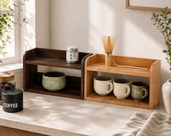Handmade Solid Teak Countertop Shelf, 2 or 3 Tier Coffee Station Organizer