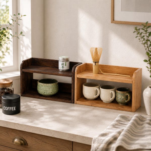 Handmade Solid Teak Countertop Shelf, 2 or 3 Tier Coffee Station Organizer