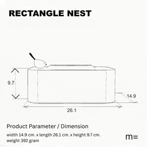 May include: A black and white line drawing of a rectangular box with a small bird perched on top. The box is labeled "Rectangle Nest" and has dimensions of 14.9 inches wide, 26.1 inches long, and 9.7 inches high. The text "Product Parameter / Dimension" is below the box, along with the dimensions and weight of 392 grams.