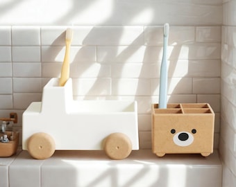 Mini Truck Desk Organizer: Wooden Pen & Toothbrush Holder