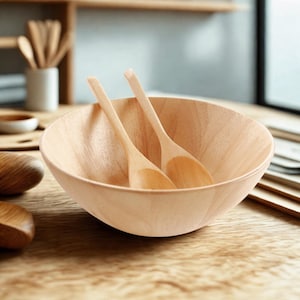 Handmade Rubberwood Salad Bowl with Utensils: 10&quot; Rustic Centerpiece