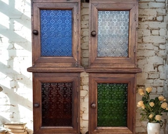 Armario para llaves de pared en madera de teca reciclada – Organizador de entrada con cristal de color vintage
