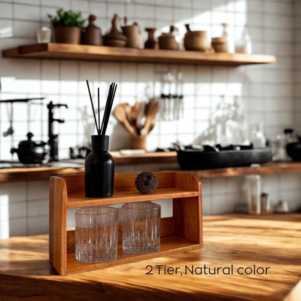 Handmade Teak Wood Kitchen Shelf: 2 Tier, Natural Color
