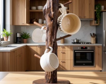May include: A vertical mug tree crafted from a natural dark brown tree trunk with a circular base and several wooden pegs extending outward. Three ceramic mugs are hanging on the pegs, including two plain white mugs and one larger cream-colored mug with a dark horizontal striped pattern.