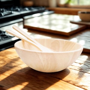 Handmade Rubberwood Salad Bowl with Utensils: Rustic 8&quot; Centerpiece