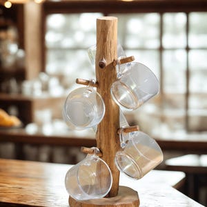 Handmade Wooden Mug Rack Tree: Rustic Coffee Cup Holder, Farmhouse Kitchen