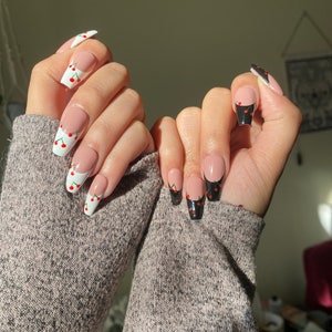 Black and White Cherry French Tips| Medium Coffin in Picture| French Tip Press-Ons