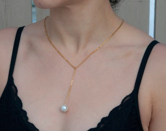 Lili Y drop necklace, gold lariat necklace, pearl drop Necklace, birthday gift, pearl, June birthstone