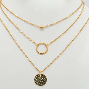 Gold Layered Necklace Set: Ball, Ring, Hammered Disc Pendants