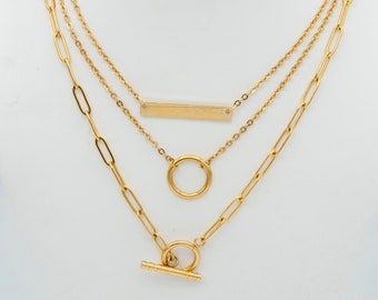 Gold Filled Layered Necklace Set: Paperclip Chain, Bar Pendant, Circle Charm