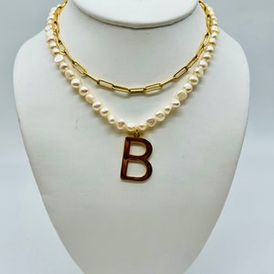 Freshwater Pearl Initial Necklace: 18K Gold Filled Letter Pendant