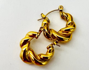 Lili Chunky Gold Twist hoop earrings, twist gold small hoop earrings, chunky spiral gold earrings, hypoallergenic earrings
