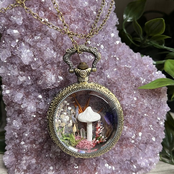 Pocket watch locket necklace- mushroom terrarium