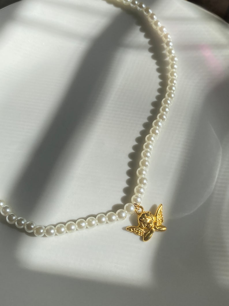 Gift for Her Pearl Necklace Pearl Beaded Angel Choker Necklace Gold Jewelry