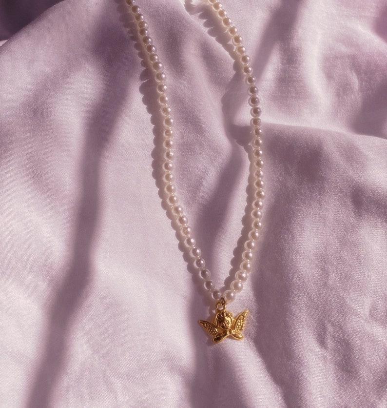 Gift for Her Pearl Necklace Pearl Beaded Angel Choker Necklace Gold Jewelry