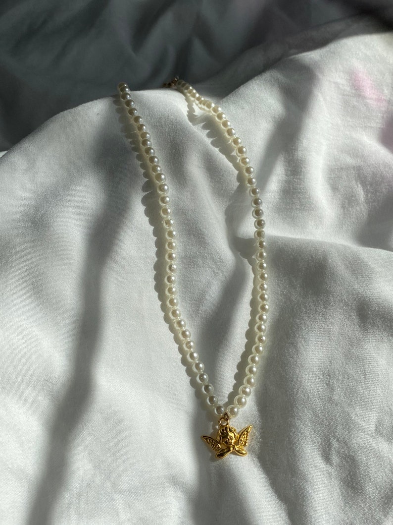 Gift for Her Pearl Necklace Pearl Beaded Angel Choker Necklace Gold Jewelry