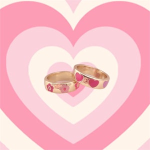 Gold & Pink Heart Rings, Flower Ring, Gold Jewelry, Gift For Her, Gold Ring With Pink Hearts, Gold Ring With Flowers, Trendy Rings