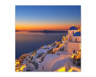 May include: A whitewashed village with blue-domed churches perched on a cliff overlooking a calm sea at sunset. The buildings are illuminated by warm lights, creating a picturesque scene.