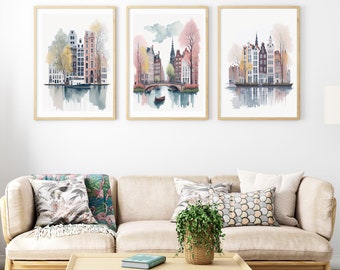 Amsterdam Travel Prints - Digital Watercolor Set of 3. Wall Decor. Travel Art. Pastel Colors