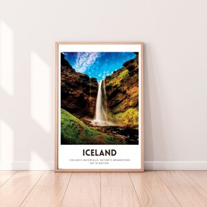 Iceland&#39;s Waterfall Art Poster, Iceland Print, Travel Gift, Iceland Wall Decor, Iceland Art