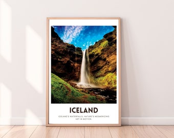 Poster artistico della cascata islandese, stampa islandese, regalo di viaggio, decorazione della parete islandese, arte islandese