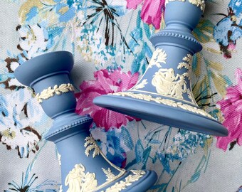 vintage Wedgwood pair of blue Jasperware candlesticks featuring the Dancing Hours