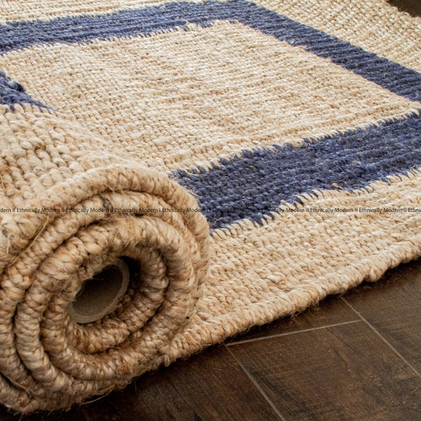 2.5 X 6 Ft, 2.5 X 8 Ft, Jute Runner with Blue Border / Runner / Natural Fibre Rug Natural / Flatweave,