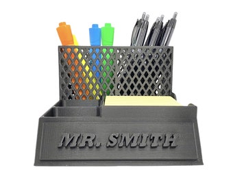 Office Desk Accessory Stand With Custom Name Tag/ Teacher Sticky Note Storage/ Paper Clip Holder/ Pen Pencil Highlighter Marker Organizer