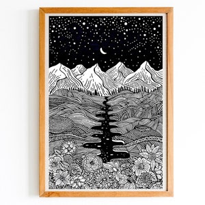 Wonders of Night Ink Art Wall Hanging Art Print Pen Drawing Nature Landscape Moon Night Mountains Flowers Home Decor image 1