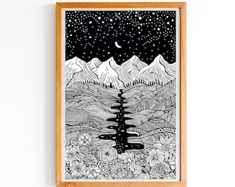 Merveilles de la nuit || Art à l’encre | Tenture murale | Impression d’art | Dessin à la plume | Nature | Paysage | Lune | | nuit Montagnes | Fleurs | Décoration intérieure